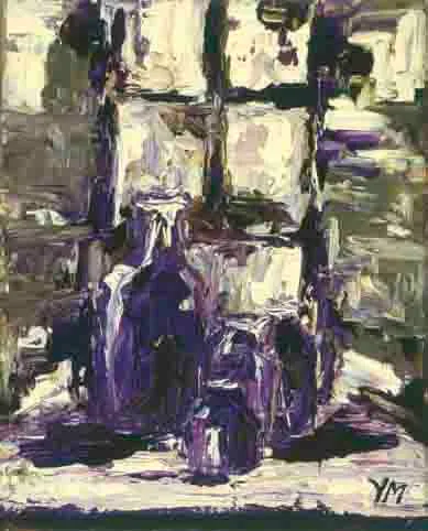 LES CARAFES by Yvonne Moore, oil on canvas board, sold Feb 2003