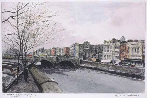 O'CONNELL BRIDGE FROM BURGH QUAY, DUBLIN by Flora Mitchell, pen and ink with watercolour, sold Feb 2003