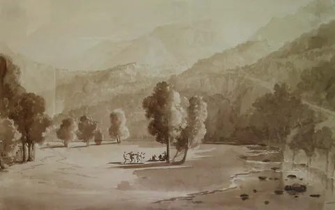 Francis Danby, POWERSCOURT GLEN ON THE DARGLE, COUNTY WICKLOW, sepia wash over pencil