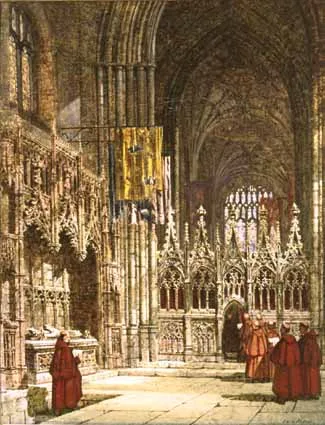 Louise Rayner, CATHEDRAL INTERIOR, watercolour heightened with bodycolour