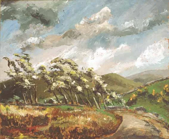 Colum Robert Gore-Booth, LANDSCAPE WITH WIND-SWEPT TREES AND FLOWERING GORSE, oil on board