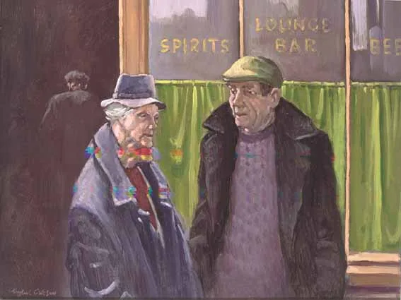 OUTSIDE RYAN'S BAR by Robert Taylor Carson, oil on board, sold Feb 2003