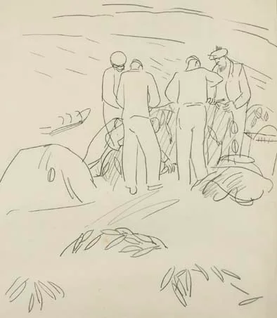 ARAN FISHERMEN SORTING NETS by Elizabeth Rivers, pencil drawing, sold Apr 2003