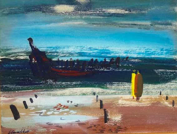 George Campbell, SURREAL LANDSCAPE WITH HULK OF A VIKING SHIP AND FIGURES ON A BEACH, gouache on board