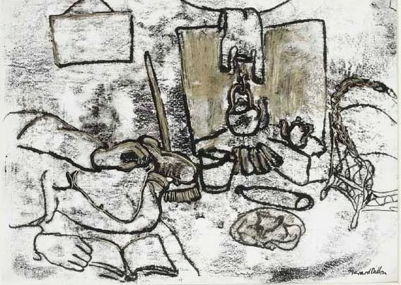 COTTAGE FIREPLACE by Gerard Dillon, monotype on reverse of cut-out book illustration, offered Apr 2003