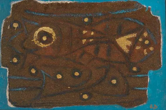 FISH AND PROFILES by Gerard Dillon, oil and sand on canvas, sold Apr 2003