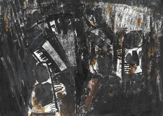 John B. Vallely, MUSICIANS, mixed media on card