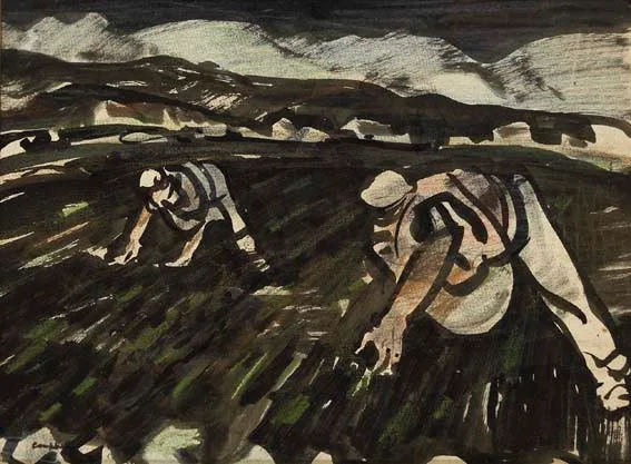 DRILLING POTATOES by George Campbell, watercolour and crayon on paper, sold Apr 2003