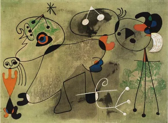 COMPOSITION WITH GREEN BACKGROUND by Joan Miró, chromolithograph, sold Apr 2003