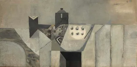 TABLE WITH TEAPOT by Colin Middleton, oil on board, sold Apr 2003