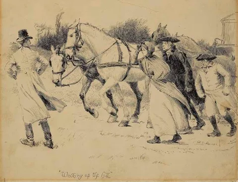 Hugh Thomson, WALKING UP THE HILL, pen and ink drawing on board