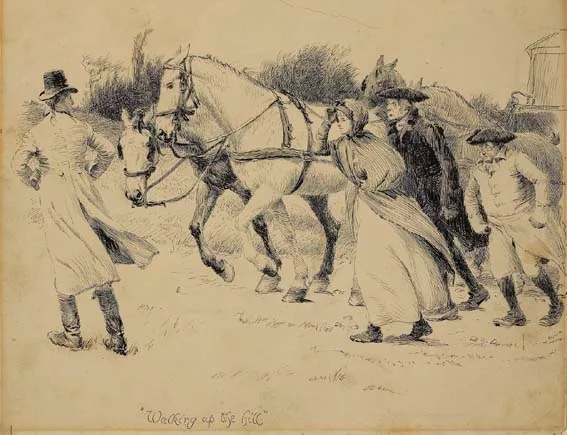 WALKING UP THE HILL by Hugh Thomson, pen and ink drawing on board, offered Apr 2003