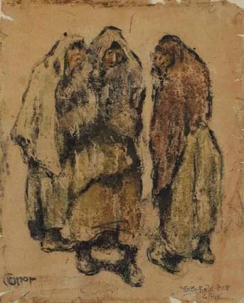THREE SHAWLIES by William Conor, crayon on paper, sold Apr 2003