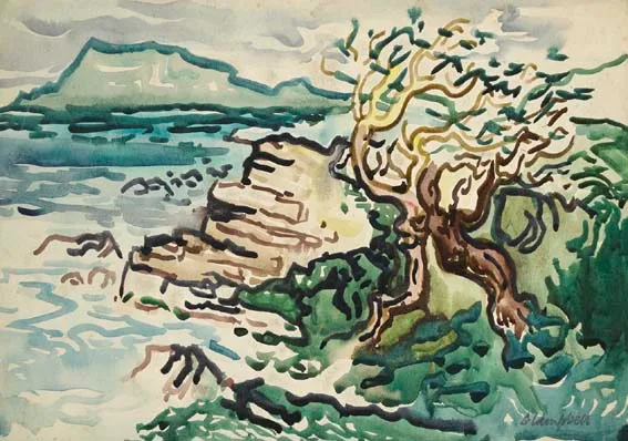 ROCKY COAST WITH WIND-BLOWN TREE by George Campbell, watercolour on paper, sold Apr 2003