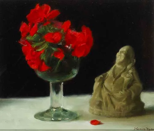 GERANIUMS AND BUDDHA by Thomas Ryan, oil on canvas, sold Apr 2003
