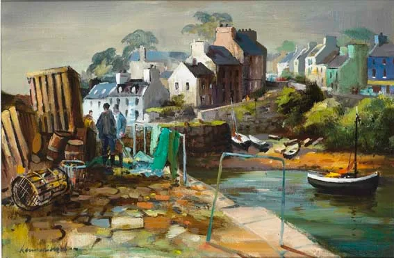 MENDING NETS, ROUNDSTONE by Kenneth Webb, oil on canvas, sold Apr 2003