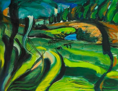 Robert Armstrong, LANDSCAPE WITH CATTLE AND RIVER-BED, oil on canvas