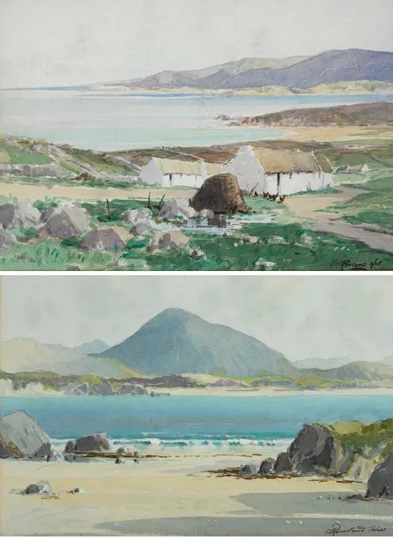 Rowland Hill, SHEEPHAVEN BAY, COUNTY DONEGAL and LANDSCAPE WITH COASTAL INLET, STRAND AND MOUNTAINS (A PAIR), watercolour heightened with white