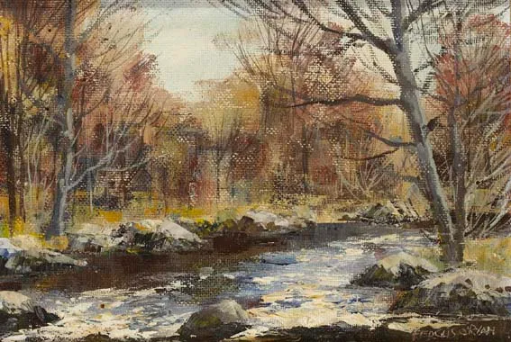 RIVER LANDSCAPE by Fergus O'Ryan, oil on board, offered Apr 2003