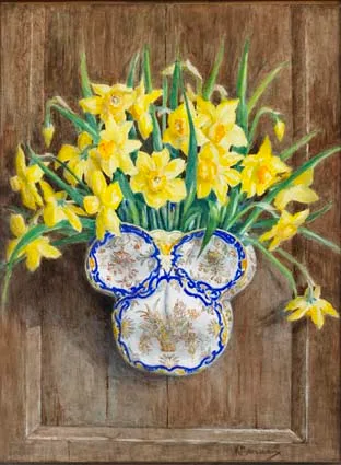 DUTCH WALL VASE AND DAFFODILS by Kathleen Marescaux, watercolour, offered Apr 2003