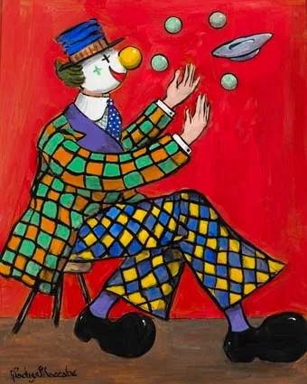 JUGGLING CLOWN by Gladys Maccabe, oil on board, sold Apr 2003
