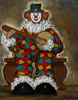CLOWN WITH BANJO by Gladys Maccabe, oil on board, sold Apr 2003