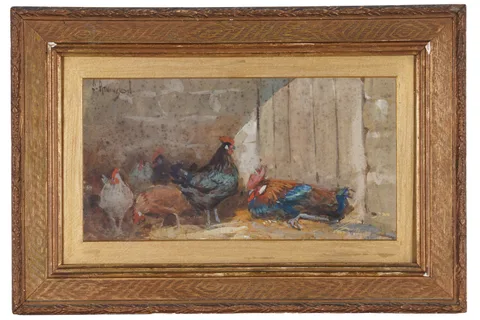 John Atkinson, Chickens in a barn, watercolour