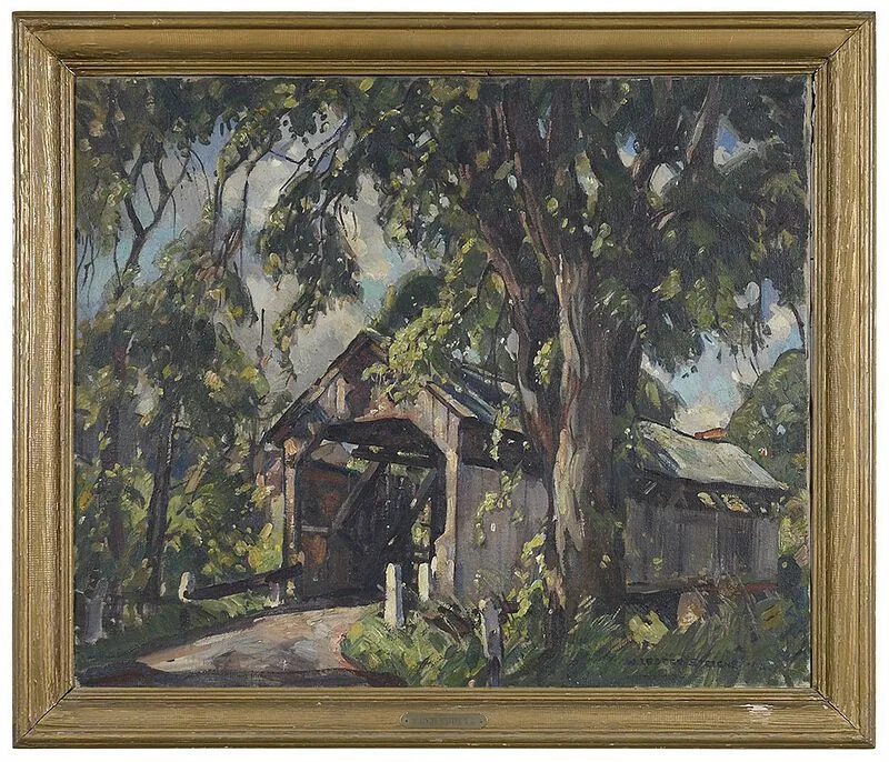 The Covered Bridge by William Lester Stevens, oil on canvas, sold May 2021