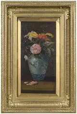 Benjamin Champney, Zinnias in a Blue and White Vase