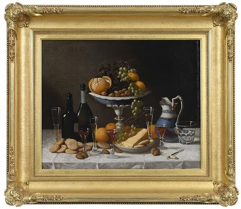 John F. Francis, Still Life with Wine, Biscuits, Fruit and Cheese, oil on canvas