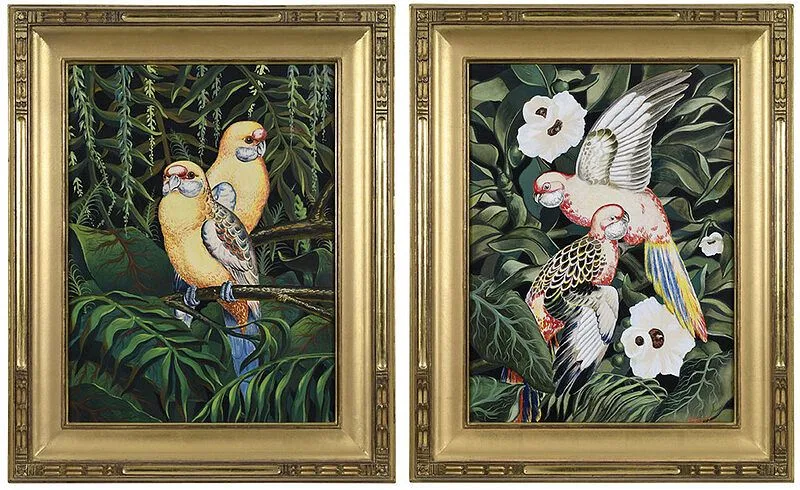 Two Parrot Paintings by Freas, acrylic on board, offered May 2021