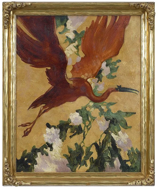 Adele Brunet, Scarlet Ibis, oil on board