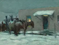 Oscar E. Berninghaus, Winter Visit – Taos, oil on canvas laid on board