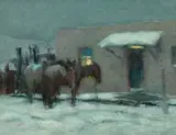 Oscar E. Berninghaus, Winter Visit – Taos, oil on canvas laid on board