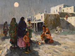 E. Irving Couse, Moonlight – Taos Pueblo, oil on canvas laid on board