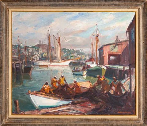 Unloading The Nets by Emile Albert Gruppe, 1977, Oil on canvas, sold Mar 2026
