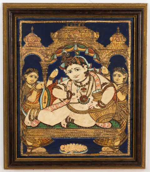 Indian Painting of a Deity, Untitled, painting on board with raised gilt design