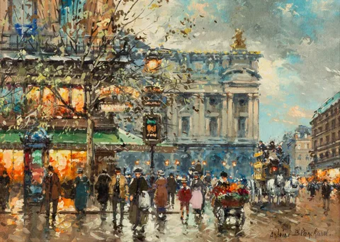 Cafe de la Paix, Place de L'Opera by Antoine Blanchard, Oil on canvas, sold Nov 2024