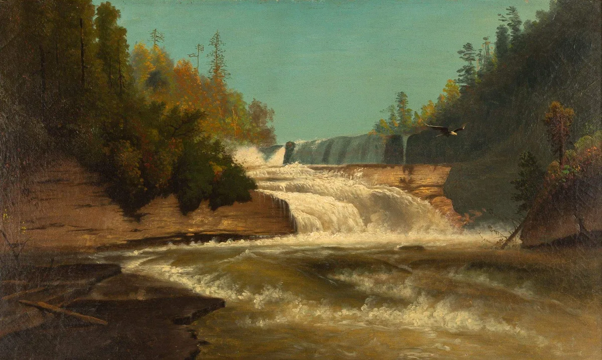 Waterfall with Eagle by Hermann Herzog, Oil on canvas, sold Oct 2020