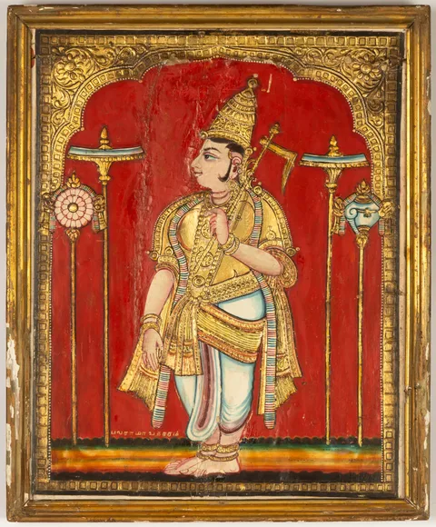 Indian Painting of a Deity, Untitled, painting on board with raised gilt design