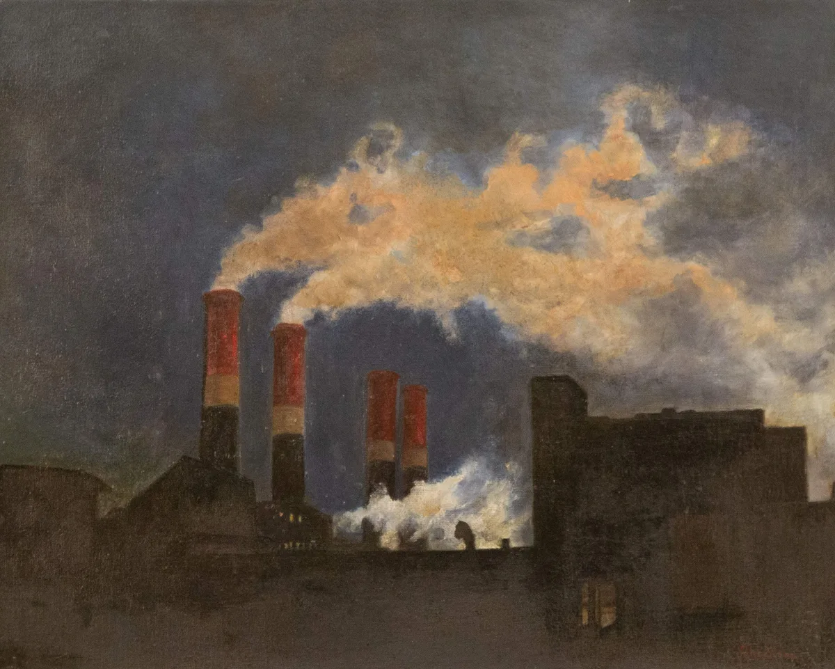 Attributed John Sloan, Smokestacks, New York, oil on canvas board