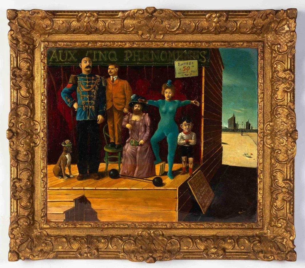 Surrealist Traveling Circus, "The Five Phenomena by Georges Spiro, Oil on artist board, sold Sep 2023