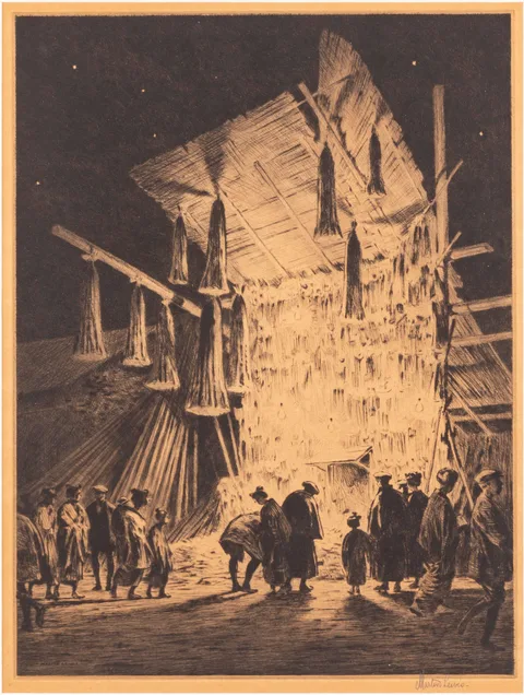 Martin Lewis, Street Booth, Tokyo, New Year's Eve, 1927, Drypoint, McCarron 60. Only state, 40 recorded impression