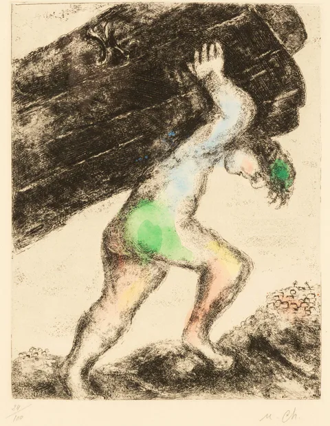 Samson enleve les portes de Gaza by Marc Chagall, Etching with hand coloring in watercolor, sold May 2021