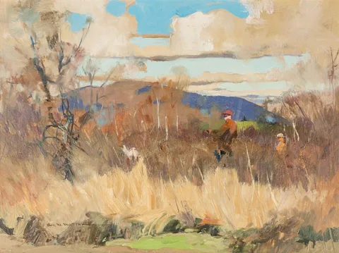 Hunting Scene by Roy Martell Mason, oil on masonite, sold Nov 2021