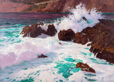 Paul von Spaun, Waves Crashing on the Capri Coast, Oil on canvas