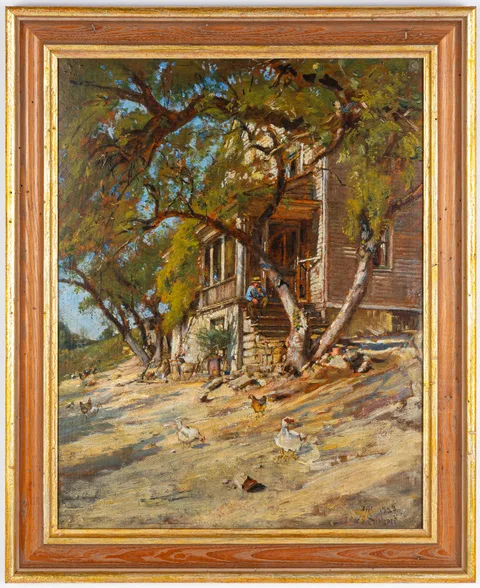 Edward S. Siebert, Backyard with Chickens Scene, Oil on panel