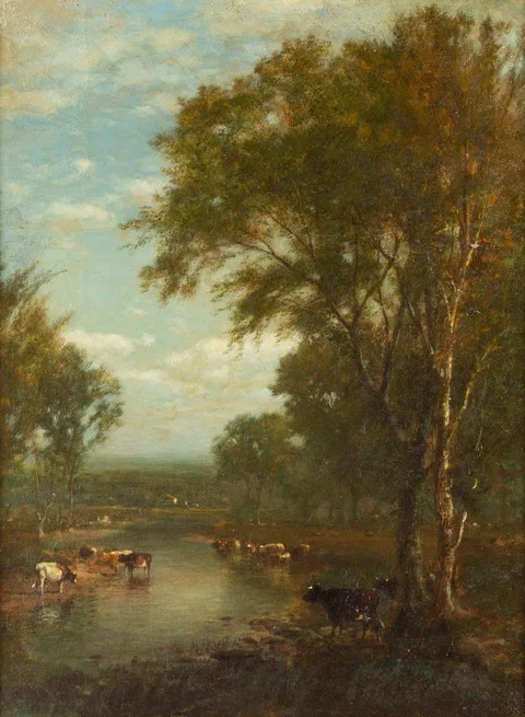 James McDougal Hart, Cattle Watering, Oil on canvas