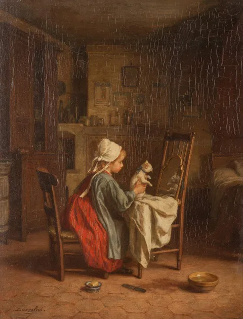 André-Henri Dargelas, Young Girl with Kitten, Oil on wood panel