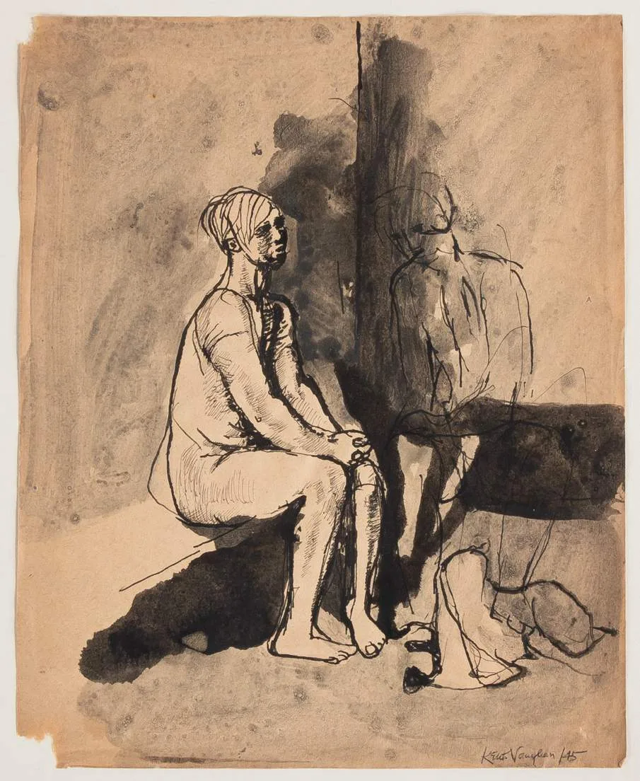 Interior with Figures by Keith Vaughan, 1945, Watercolor and ink on paper, sold Mar 2026